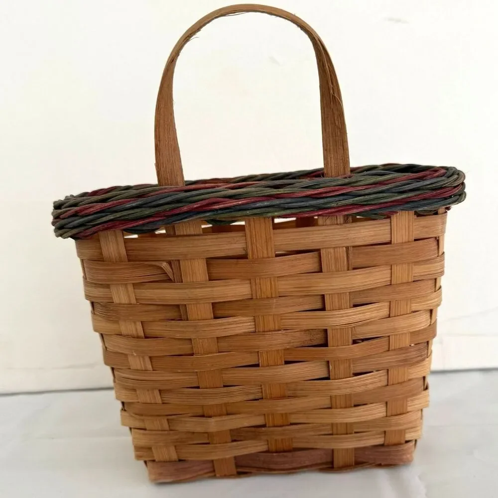Vintage Woven Hand Made Hanging Wall Door Basket with YoYo Flowers Buttons